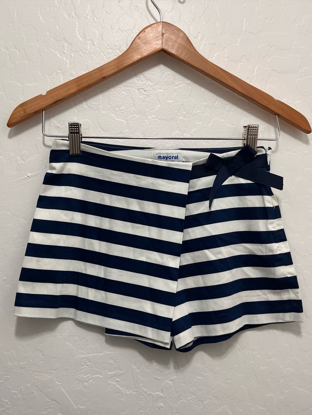 Mayoral Girls Striped Shorts Skort Size 9 Navy White Bow NWOT